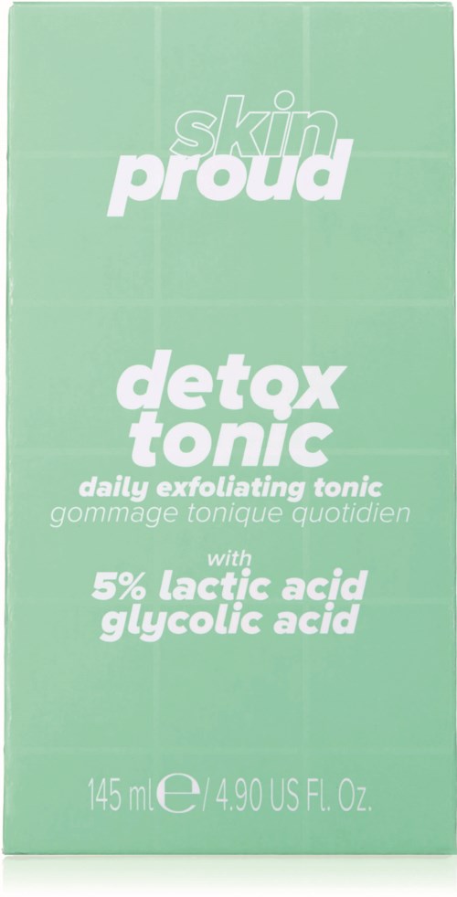 Grøn æske med teksten 'skin proud detox tonic' om eksfolierende toner, indeholder mælkesyre og glykolsyre, 145 ml.