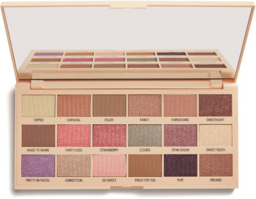 A colorful eyeshadow palette with 20 shades, names, and a mirror inside the lid.