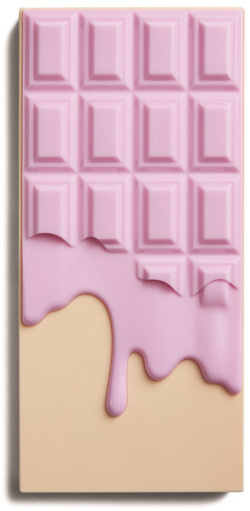 A pink chocolate bar with some pieces missing, melting on a beige background.