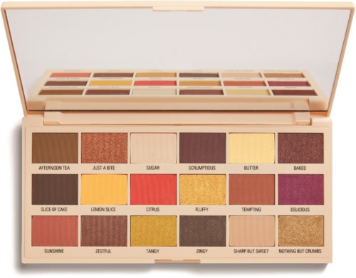 A colorful eyeshadow palette with many shades including browns, yellows, reds, and golds, arranged in two rows inside a case.