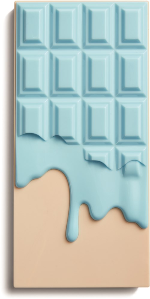 A blue chocolate bar appears to melt with some pieces missing, showing a cream-colored base.