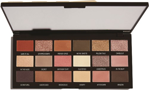 Ein Lidschatten-Palette mit 16 bunten Lidschatten, benannt, in einem schwarzen Gehäuse mit Spiegel.