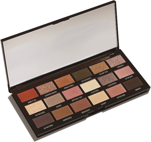 Eine Make-up-Palette mit 20 verschiedenen Farbtönen, einige schimmernd und einige matt, mit verschiedenen Namen.