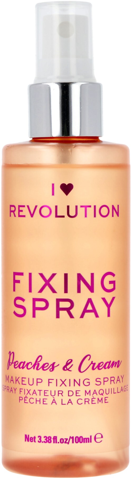 En rosa sprayflaska med vit topp märkt 'Fixing Spray Peaches & Cream' för smink.