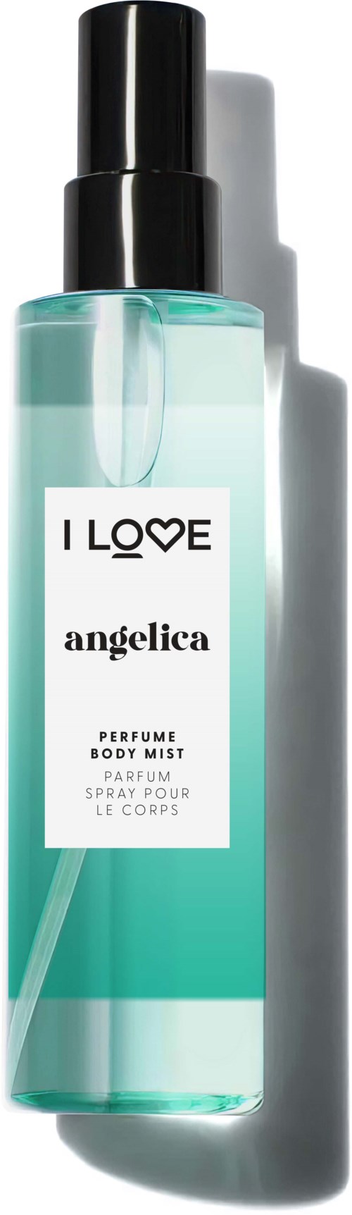 En lång, transparent blå-grön sprayflaska med svart lock, märkt 'I LOVE angelica parfym kroppsspray.'