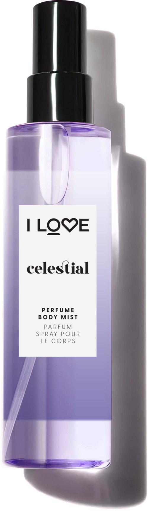 En lila parfym kroppsspray flaska med svart lock och vit etikett, märkt 'I Love Celestial'.