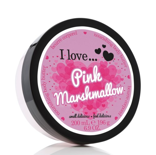 En rund etikett med rosa hjärtan och text som uttrycker kärlek till rosa marshmallow kroppssmör, 200 ml.