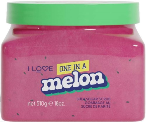 Valkoinen shea-sokerikuorinta purkissa, jossa vihreä kansi, merkinnät "One in a Melon" ja "I Love Melon".