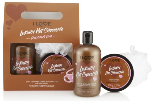 Set med bad- och duschprodukter, bodylotion och kräm, i varma bruna och rosa färger, märkta för lyxig varm choklad.