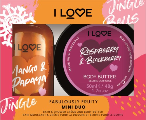 To hudplejeprodukter i et farverigt sæt, en med Mango & Papaya og den anden med Raspberry & Blackberry.