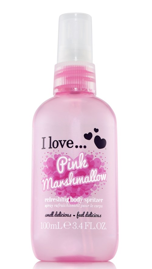 Pink flaska med spraylock, märkt 'Pink Marshmallow' kroppsspray, med hjärtan och dekorativ text.