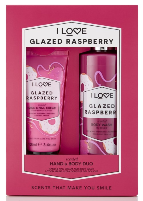 En rosa förpackning med två produkter: hand- och kroppskräm, och duschgelé, båda märkta "Glazed Raspberry."