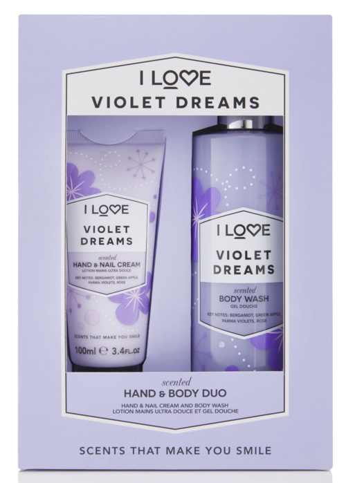 Ett violetttema presentset innehåller hand- och kroppskräm samt doftande kropps tvål, med blommiga och stjärniga mönster.