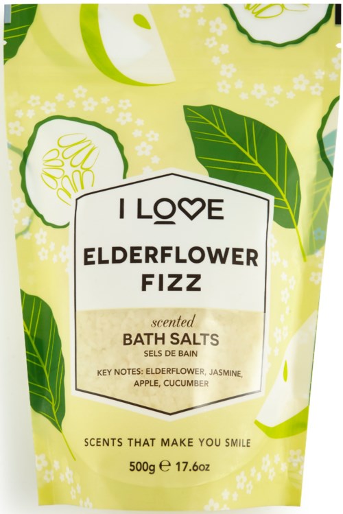 Gult förpackning med gurka, äpple och blommor. Innehåller doftande badsalt, nyckelingredienser: fläder, jasmin, gurka.