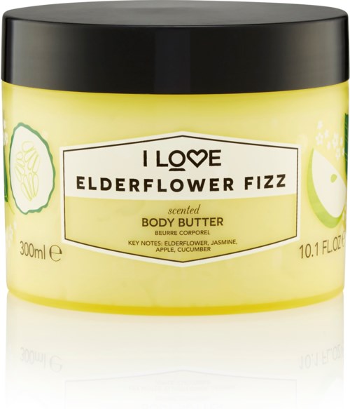 Gult kroppsmørbeholder med sitron og agurkIllustrasjoner, etiketten sier elderflowerduft, nøkkelnoter inkluderer elderflower, jasmin, eple.