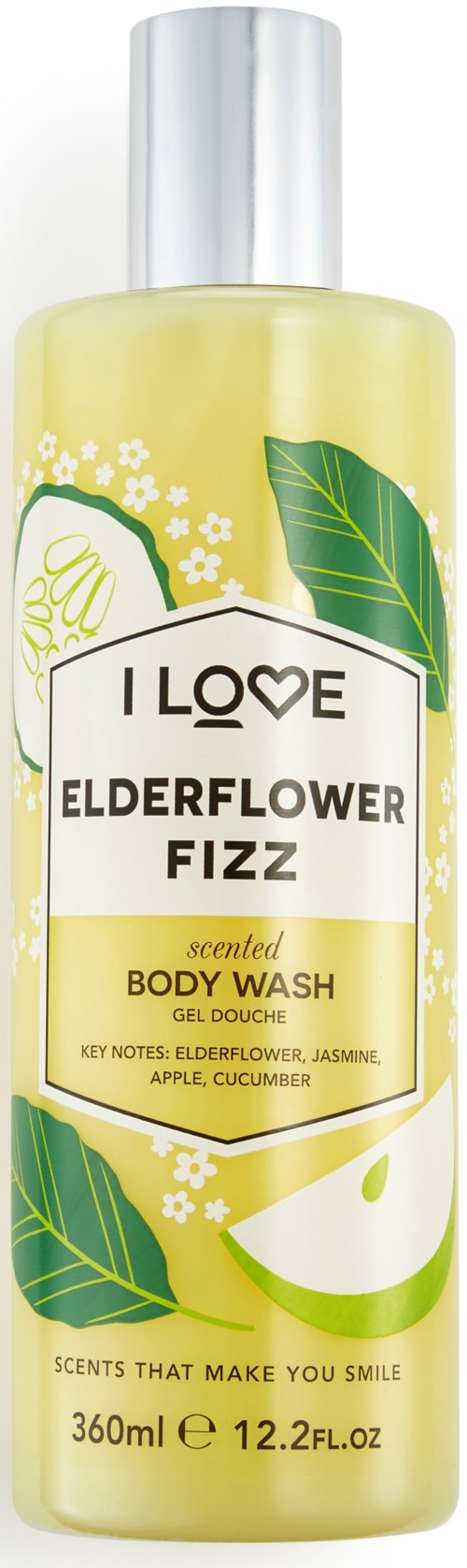 En beige kroppsvårdsflaska med gröna löv och gula blommor, märkt 'Elderflower Fizz' och 'Scented Body Wash'.