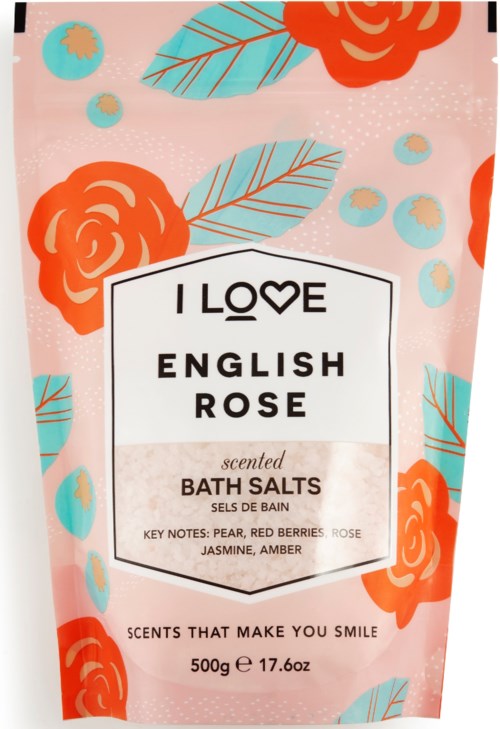 Roze verpakking met oranje rozen, blauwe bladeren en kleine stippen. Tekst zegt 'I LOVE ENGLISH ROSE' en details over badzout.