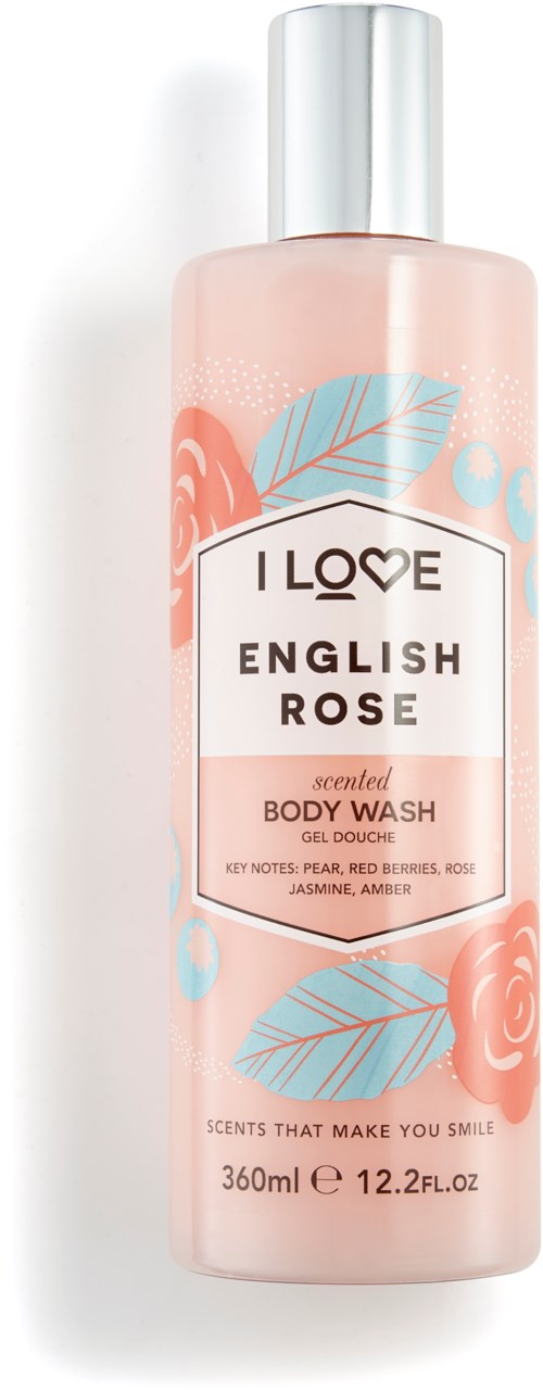 Pink bottle of English Rose scented body wash with blue leaves and pink roses design.