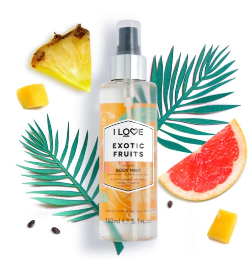 Kroppasuihke, johon on ympärillä ananas, greippi, mango, palmuja ja mustia siemeniä.