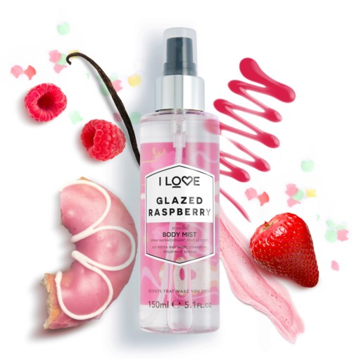 En kroppsspray med doft av hallon, pinka dekorationer, jordgubbe, rosa donut, körsbär och rosa frosting.