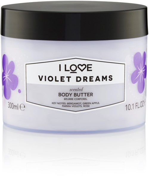 A white jar of scented body butter with purple flower decorations and a black lid.