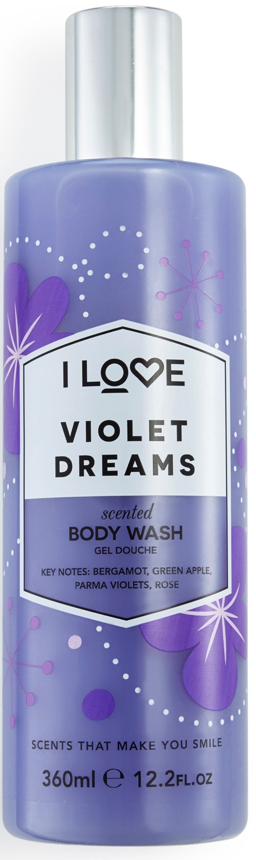 En lila kroppsvättflaska med vit kork, märkt 'Violet Dreams' och doftnoter av bergamot, grönt äpple och ros.