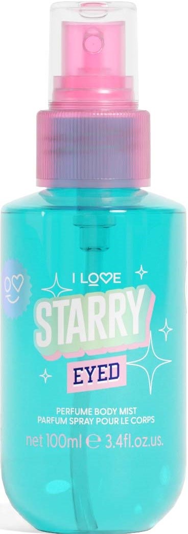 En blå sprayflaska med rosa spraytop, märkt 'Starry Eyed' parfym kroppsspray, rymmer 100 ml.