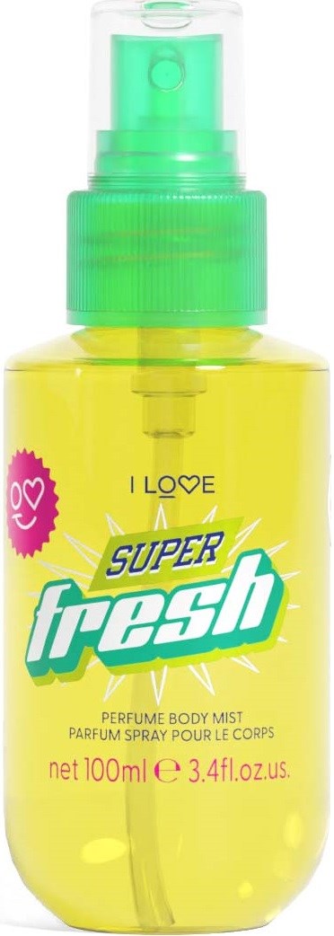 Gul sprayflaske med grønnhette, merket 'Super Fresh' parfyme kroppsspray, 100 ml.
