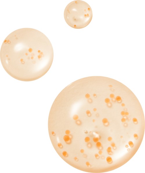 Drie parels met oranje vlekjes zweven in een witte ruimte. De parels verschillen in grootte.