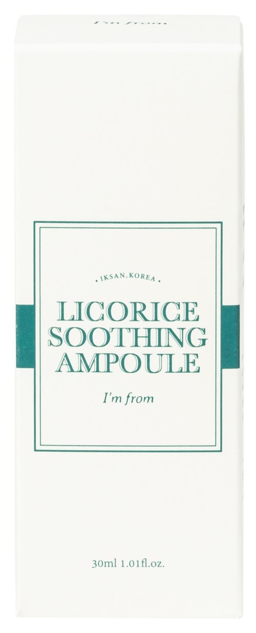 Białe opakowanie produktu do pielęgnacji skóry o nazwie Licorice Soothing Ampoule, z Korei, zawiera 30 ml.