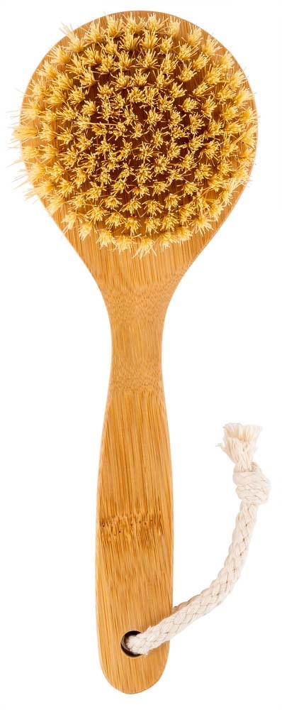 A wooden bath brush with a round brush head and a white rope handle.