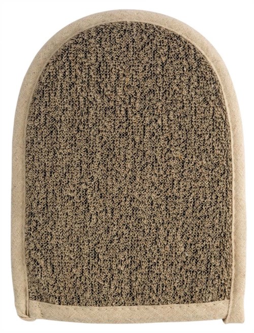 A beige mat with a dark brown, textured surface and rounded top. The mat has a soft border around it.