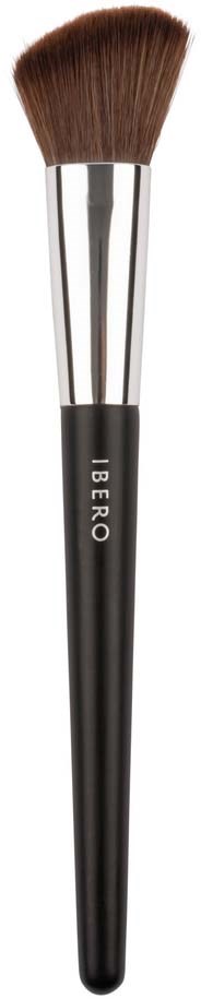 A makeup brush with a black handle, silver ferrule, and brown bristles.