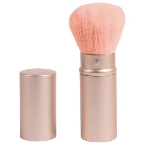 En sminkborste med roségulds handtag och rosa borstar, utan lock.