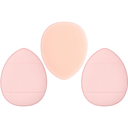 Three makeup sponges in pink and peach colors, arranged in a triangle shape.