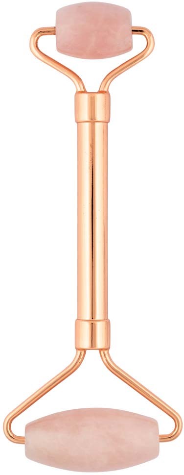 Eine roségoldene Gesichtsrute mit zwei rosa Steinen für Hautmassage und Schönheitspflege.
