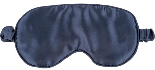 Eine schwarze Satin-Schlafmaske mit elastischen Bändern an beiden Seiten. Deckt die Augen zum Schlafen.
