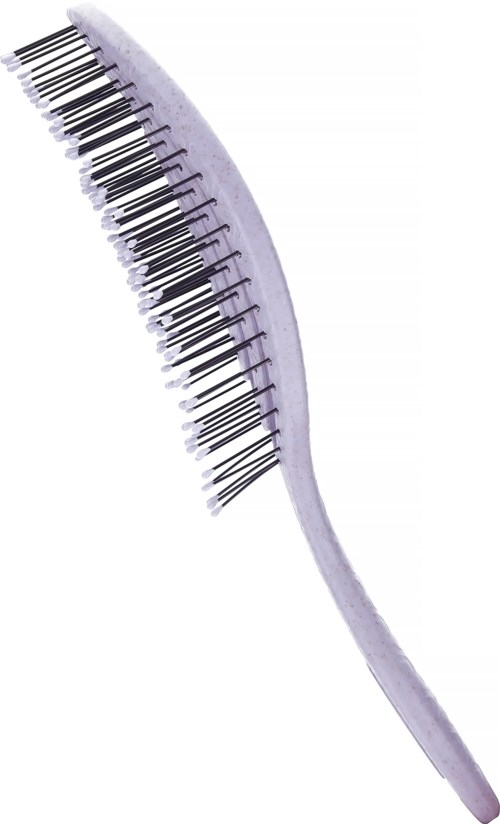 A hairbrush with a curved shape and black and silver bristles.