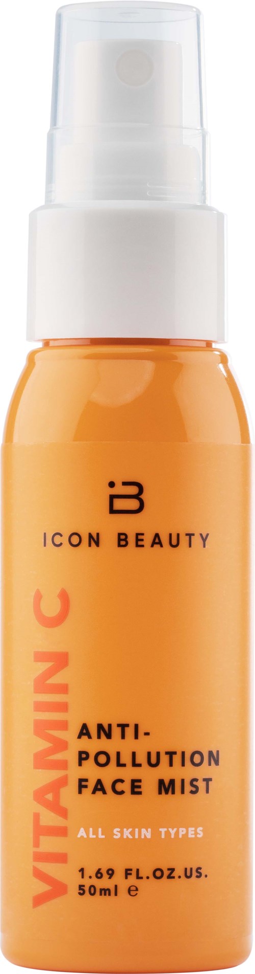 A small orange bottle with a white pump, labeled 'VITAMIN C ANTI-POLLUTION FACE MIST' by ICON BEAUTY.