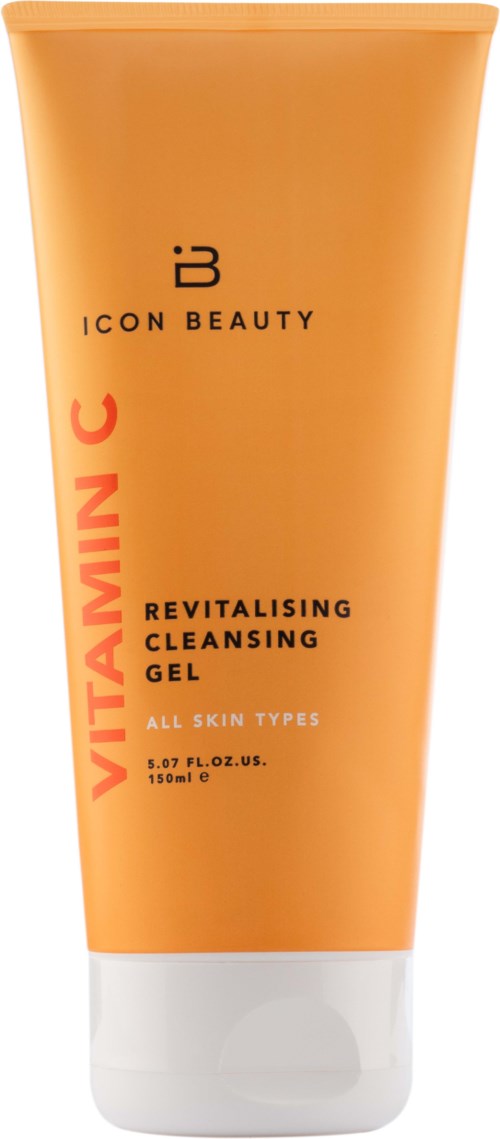 En tub med återfuktande rengöringsgel med orange och vit förpackning, märkt för alla hudtyper, av ICON BEAUTY.