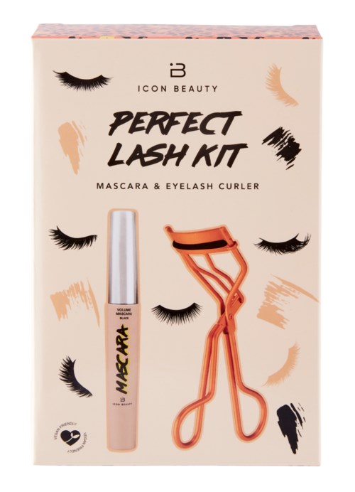 Låda med mascara, ögonfransböjare och illustrationer av ögonfransar på förpackningen.