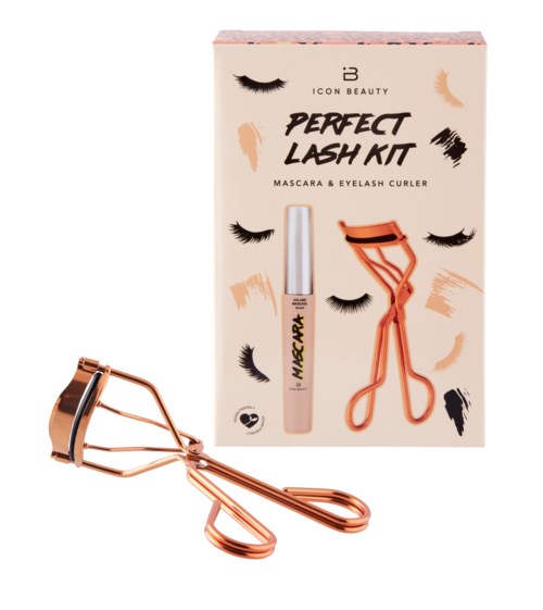 En kosmetikförpackning med en ögonfransbänkare och mascara, med illustrationer av ögon med långa ögonfransar.