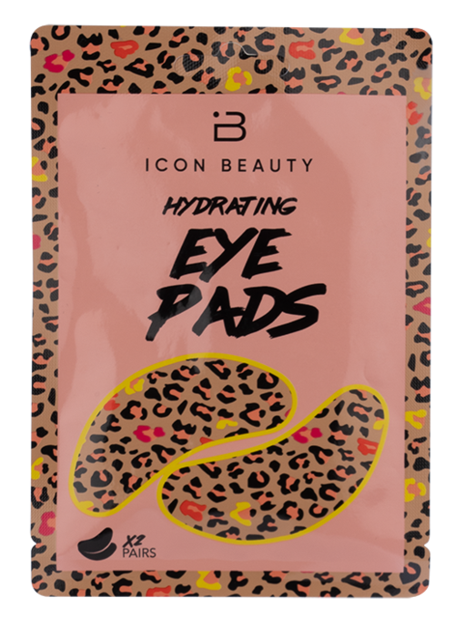 Leopardmønster omgir en rosa pakke for HydraTing Eye Pads, med to illustrerte øyeputer uthevet i gult.