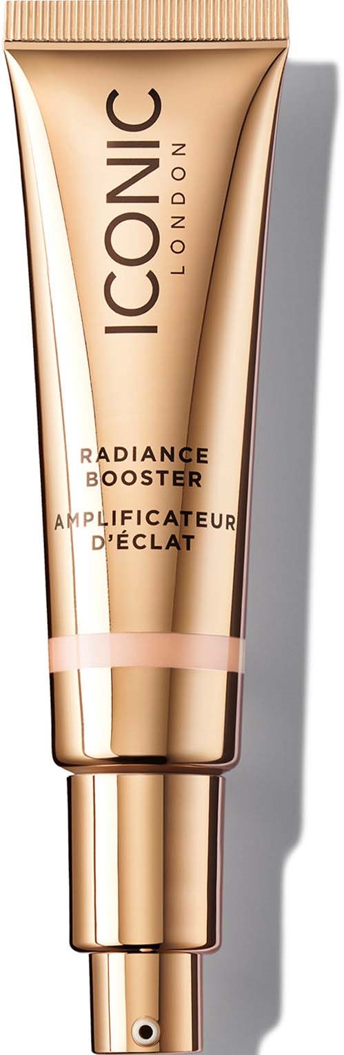 A gold-colored tube of skincare product named 'Iconic London Radiance Booster' in a simple design.