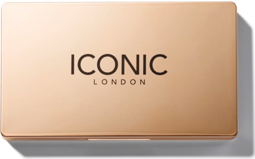 Prostokątna paleta do makijażu w jasnoróżowym kolorze, oznaczona tekstem 'ICONIC LONDON'.