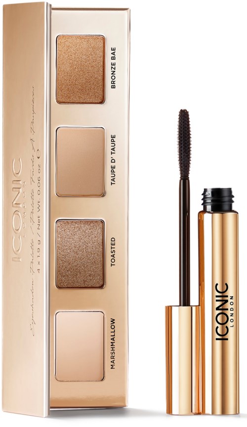 A makeup palette with four shades and a mascara tube, all in a gold and beige color scheme.