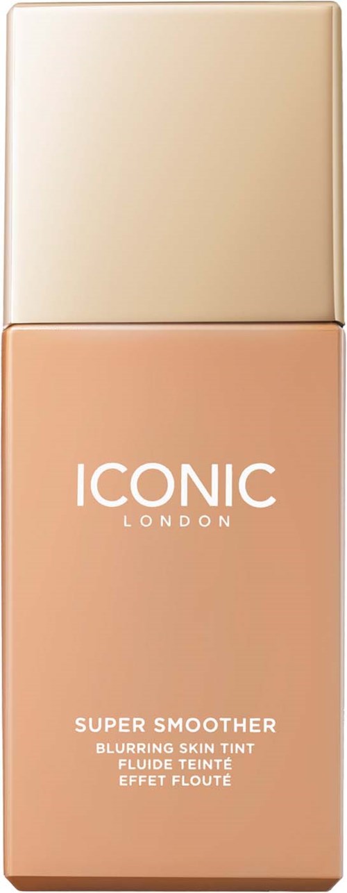 Beżowa i różowa butelka makijażu z napisem 'ICONIC LONDON Super Smoother' do odcienia skóry.