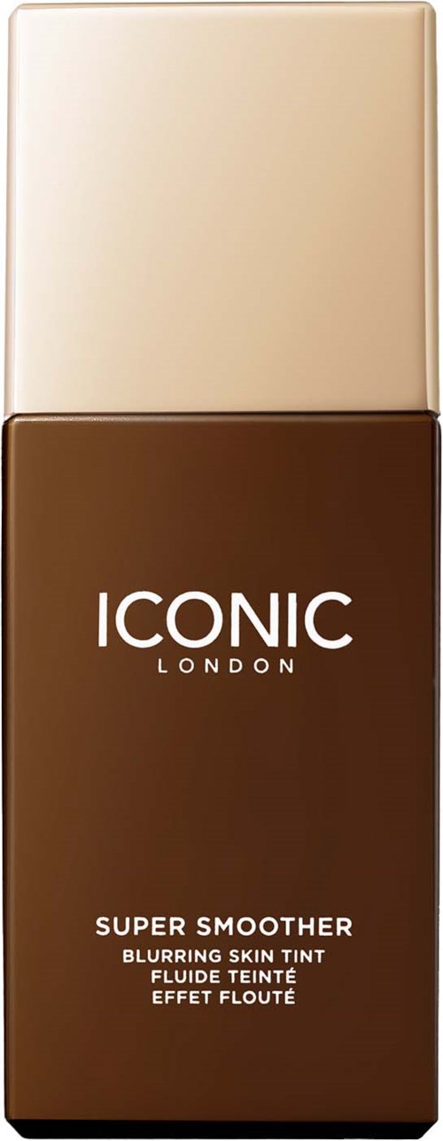Tuba ICONIC London Super Smooth Blurring Skin Tint w beżowym i ciemnobrązowym opakowaniu.
