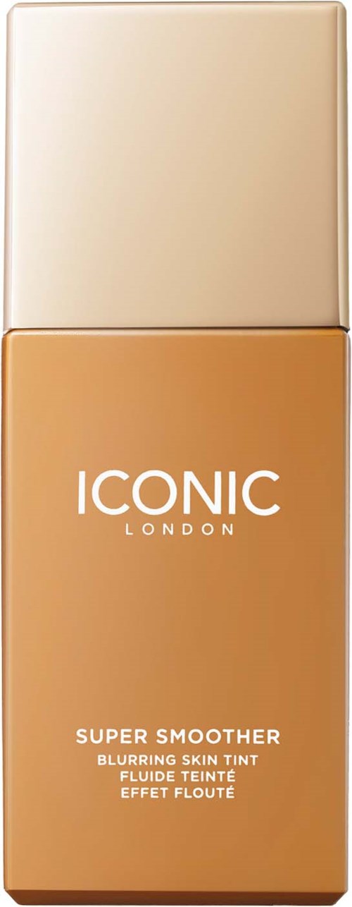 Butelka balsamu z beżową nakrętką i brązowym korpusem, oznaczona 'Iconic London Super Smoother.'