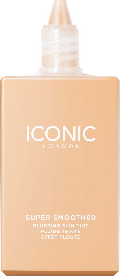 Een beige make-upflesje met een witte tip, gelabeld 'ICONIC London Super Smoother' voor een egale huid.